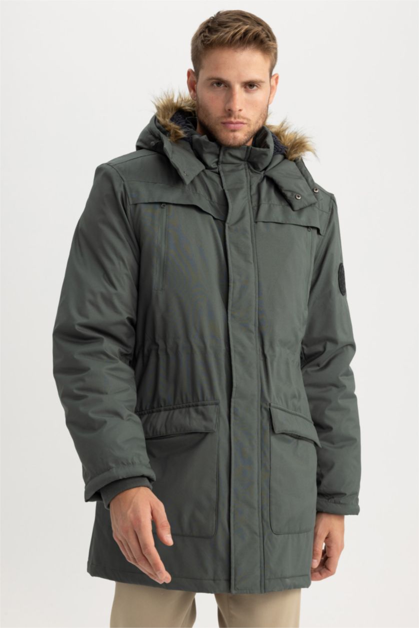 Мужчины Темный хаки Парка водоотталкивающая с капюшоном