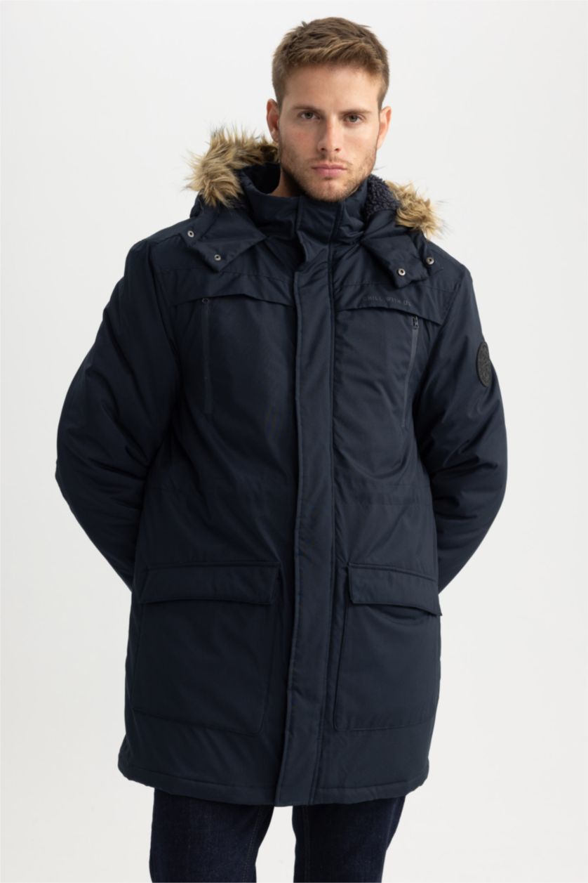 MAN NAVY Water Repellent Regular Fit Faux Fur Puffer Jacket