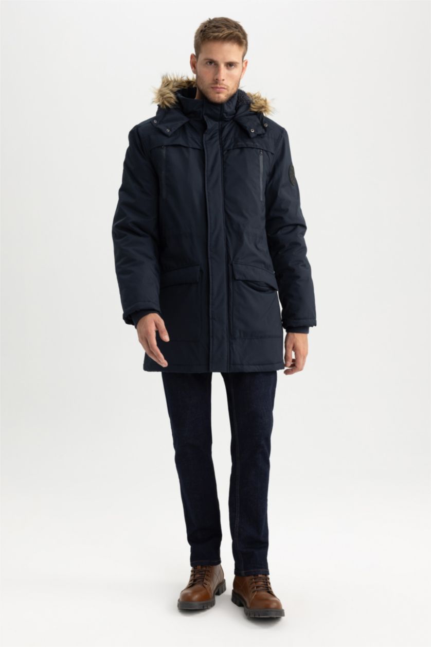 MAN NAVY Water Repellent Regular Fit Faux Fur Puffer Jacket