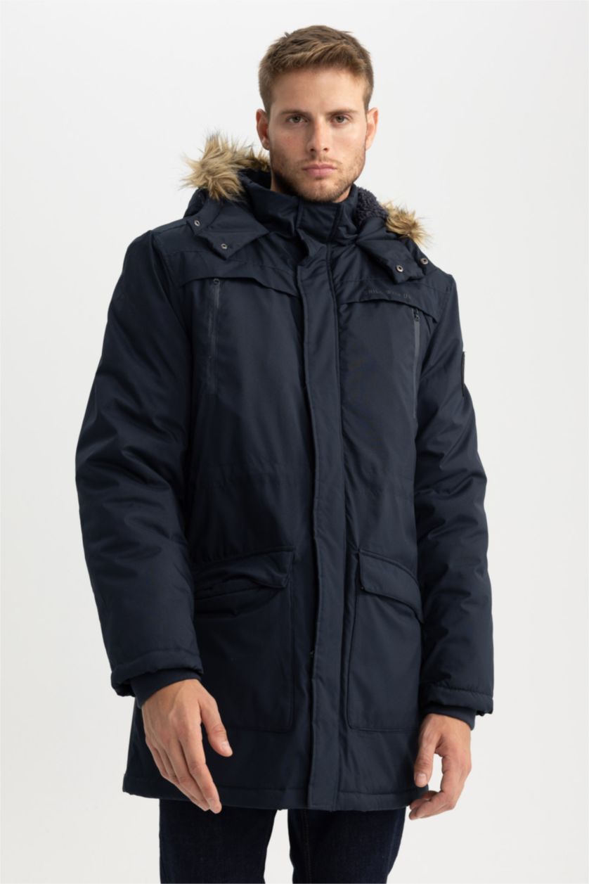 MAN NAVY Water Repellent Regular Fit Faux Fur Puffer Jacket