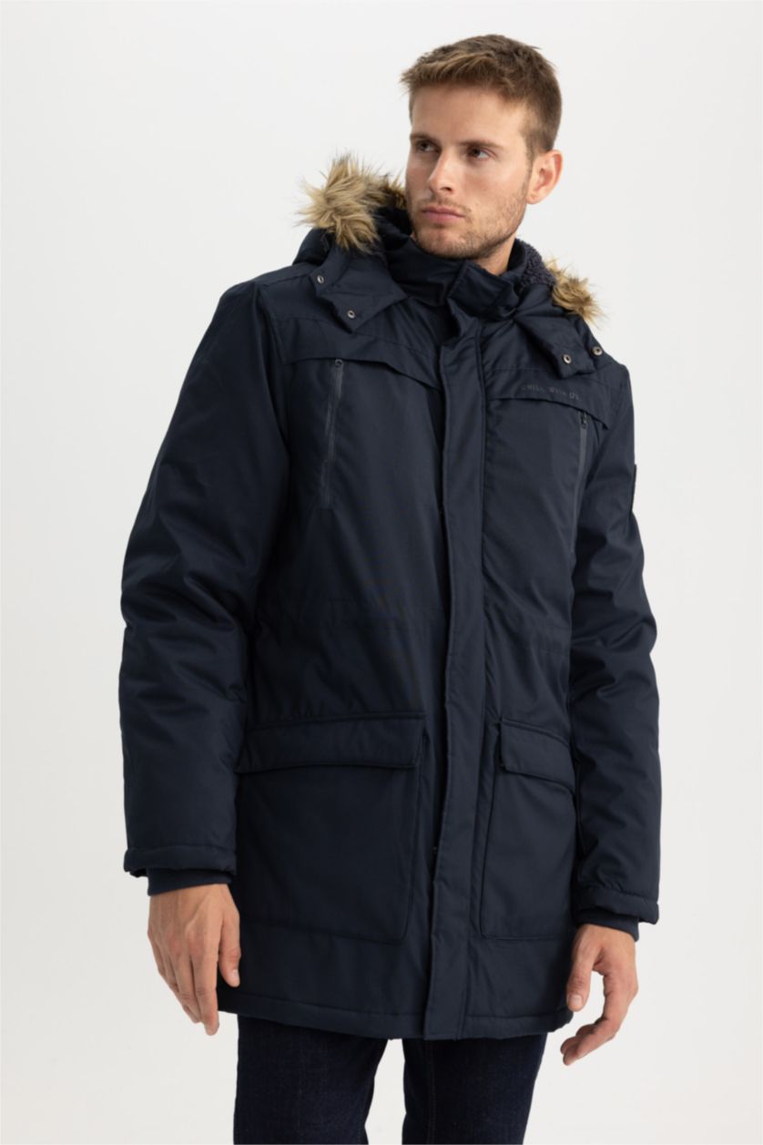 MAN NAVY Water Repellent Regular Fit Faux Fur Puffer Jacket
