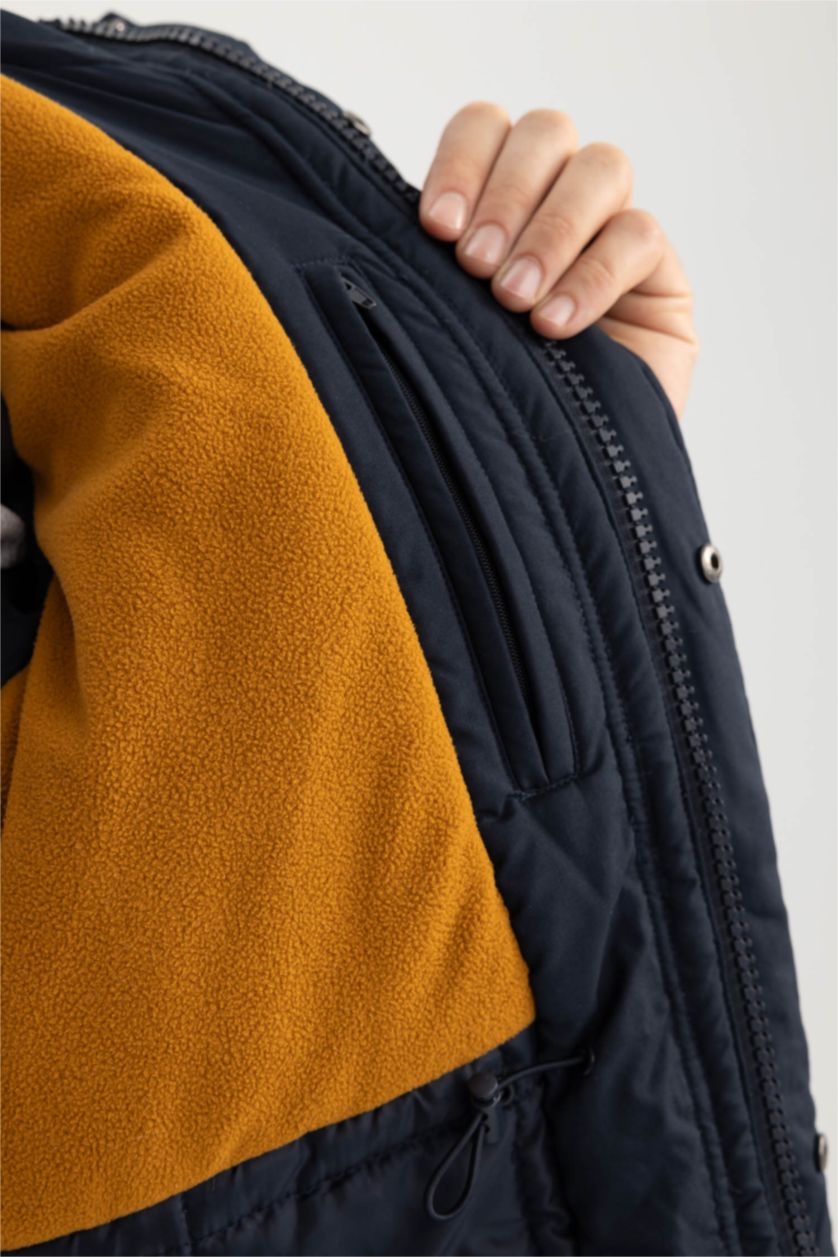 MAN NAVY Water Repellent Regular Fit Faux Fur Puffer Jacket