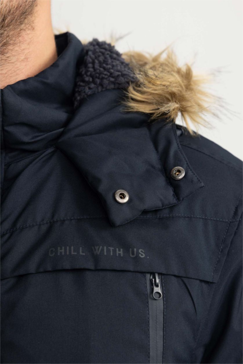 MAN NAVY Water Repellent Regular Fit Faux Fur Puffer Jacket