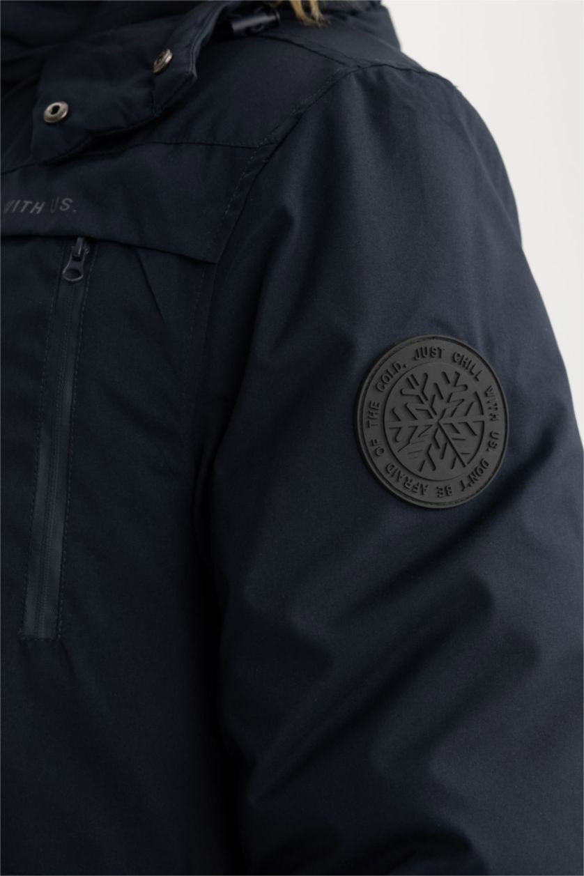 MAN NAVY Water Repellent Regular Fit Faux Fur Puffer Jacket