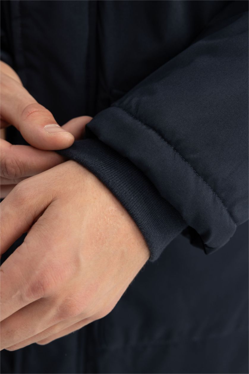 MAN NAVY Water Repellent Regular Fit Faux Fur Puffer Jacket