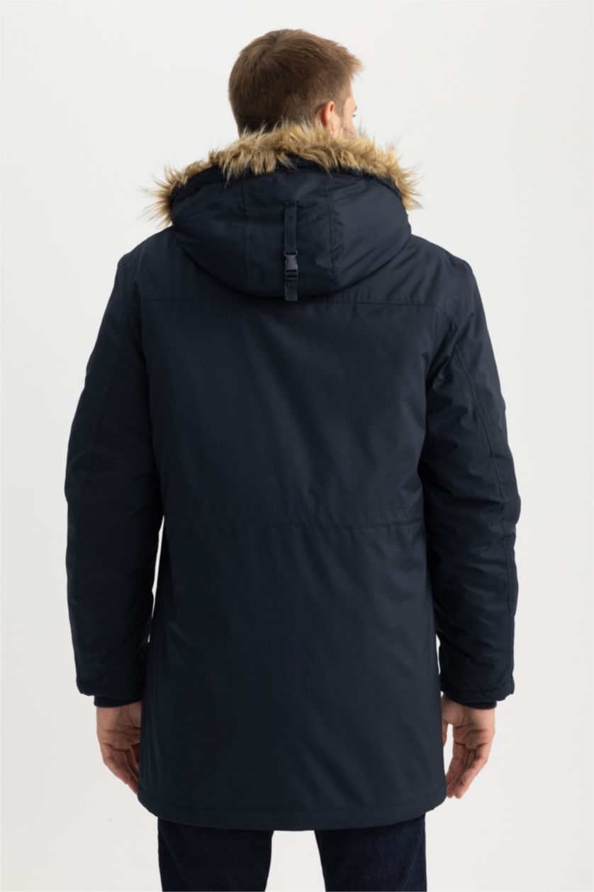 MAN NAVY Water Repellent Regular Fit Faux Fur Puffer Jacket