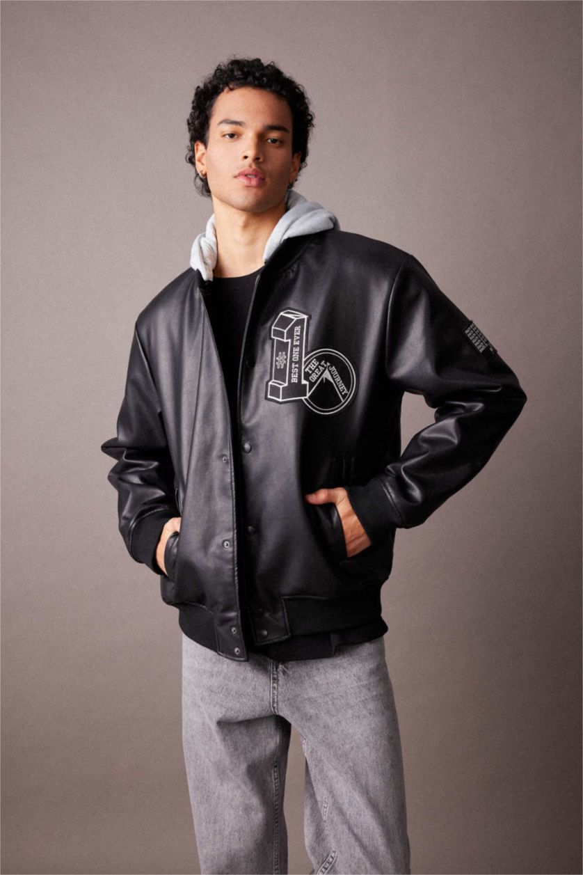 Erkek Siyah Oversize Geniş Kalıp Kapüşonlu Bomber Suni Deri Mont