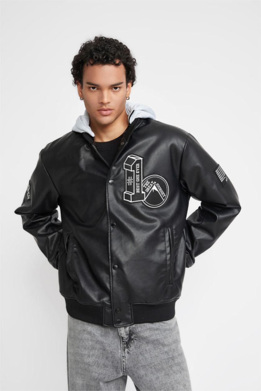 Erkek Siyah Oversize Geniş Kalıp Kapüşonlu Bomber Suni Deri Mont