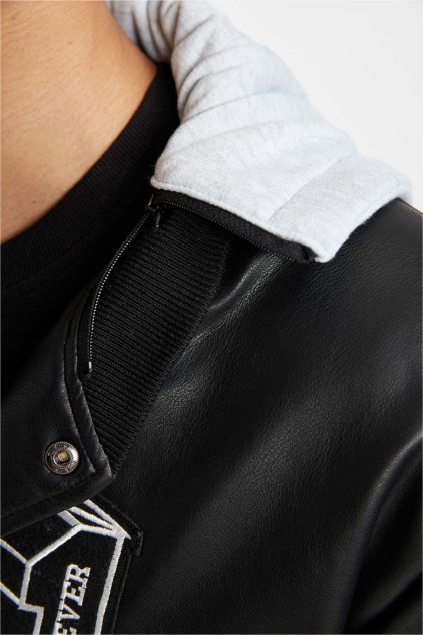 Erkek Siyah Oversize Geniş Kalıp Kapüşonlu Bomber Suni Deri Mont