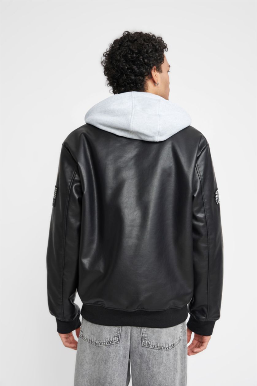 Erkek Siyah Oversize Geniş Kalıp Kapüşonlu Bomber Suni Deri Mont