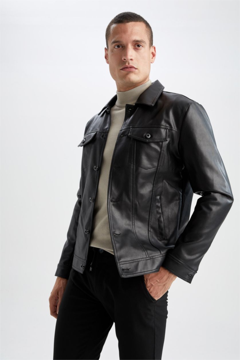 MAN Black Slim Fit Polo Neck Faux Leather Jacket