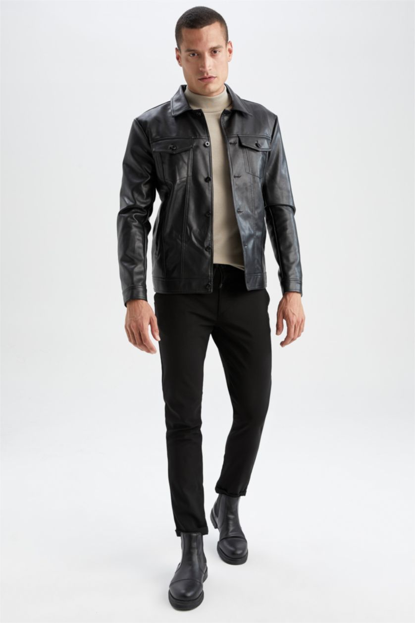 MAN Black Slim Fit Polo Neck Faux Leather Jacket