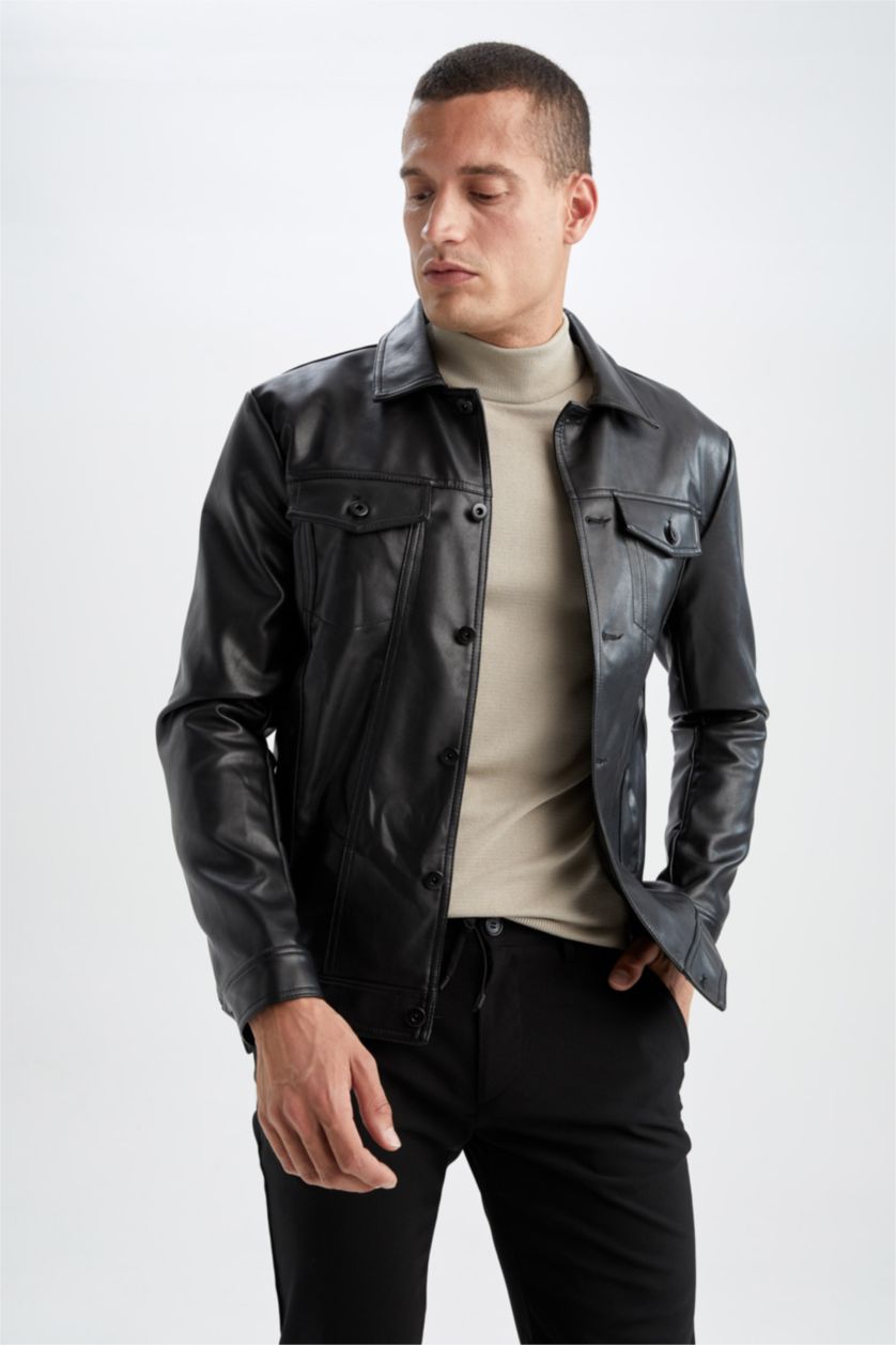 MAN Black Slim Fit Polo Neck Faux Leather Jacket