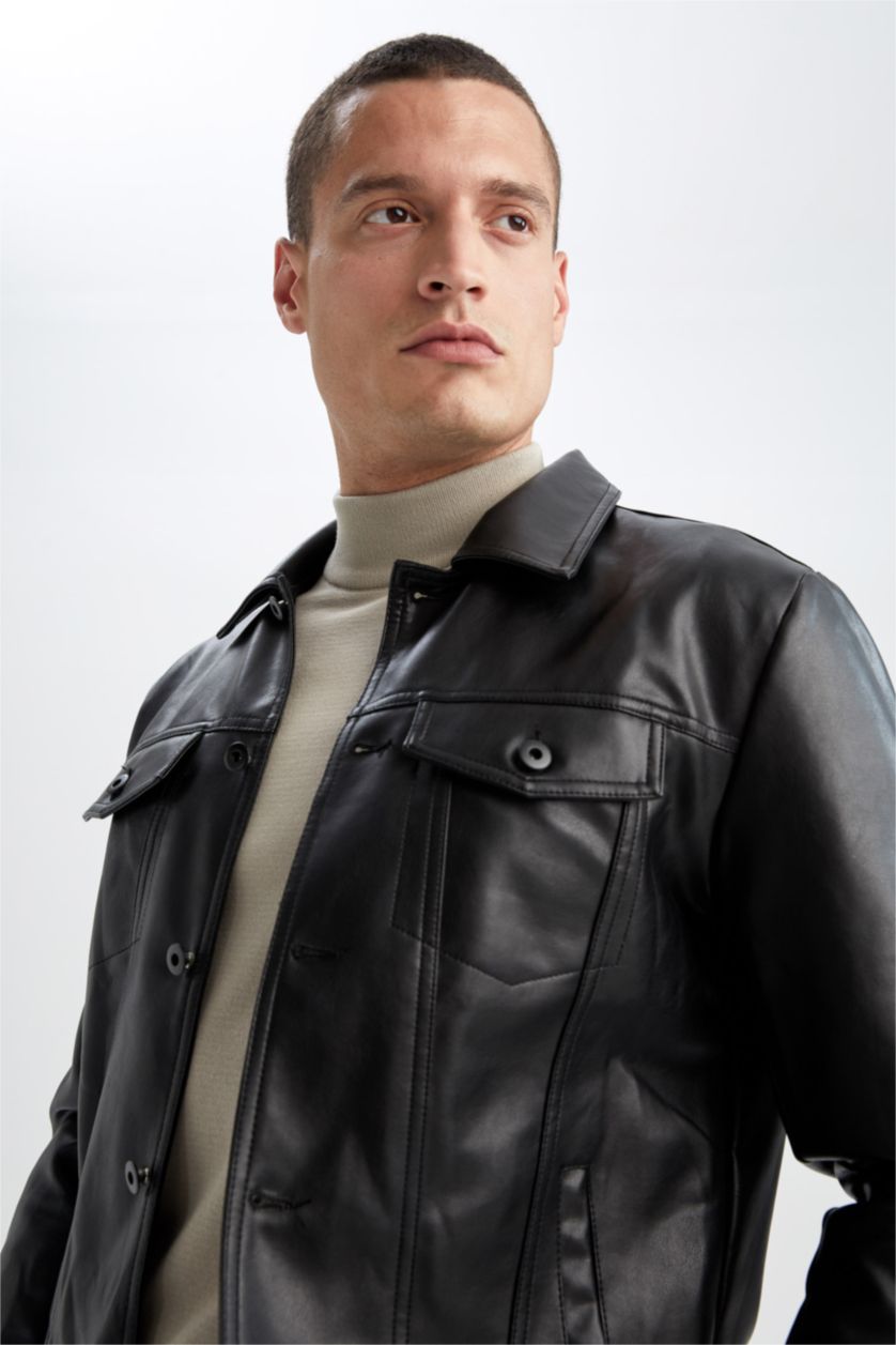 MAN Black Slim Fit Polo Neck Faux Leather Jacket