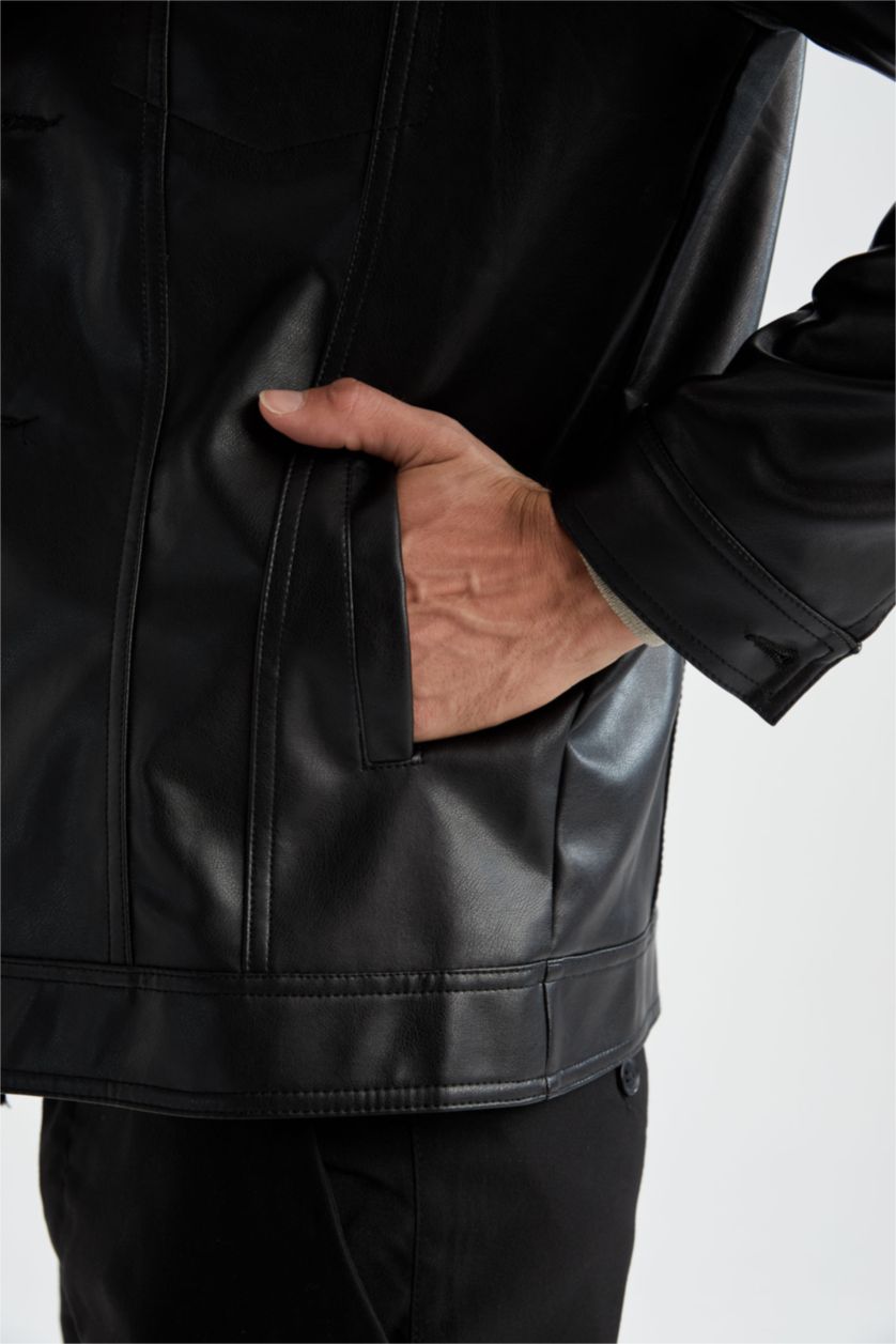 MAN Black Slim Fit Polo Neck Faux Leather Jacket