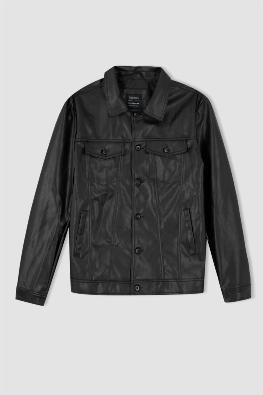 MAN Black Slim Fit Polo Neck Faux Leather Jacket