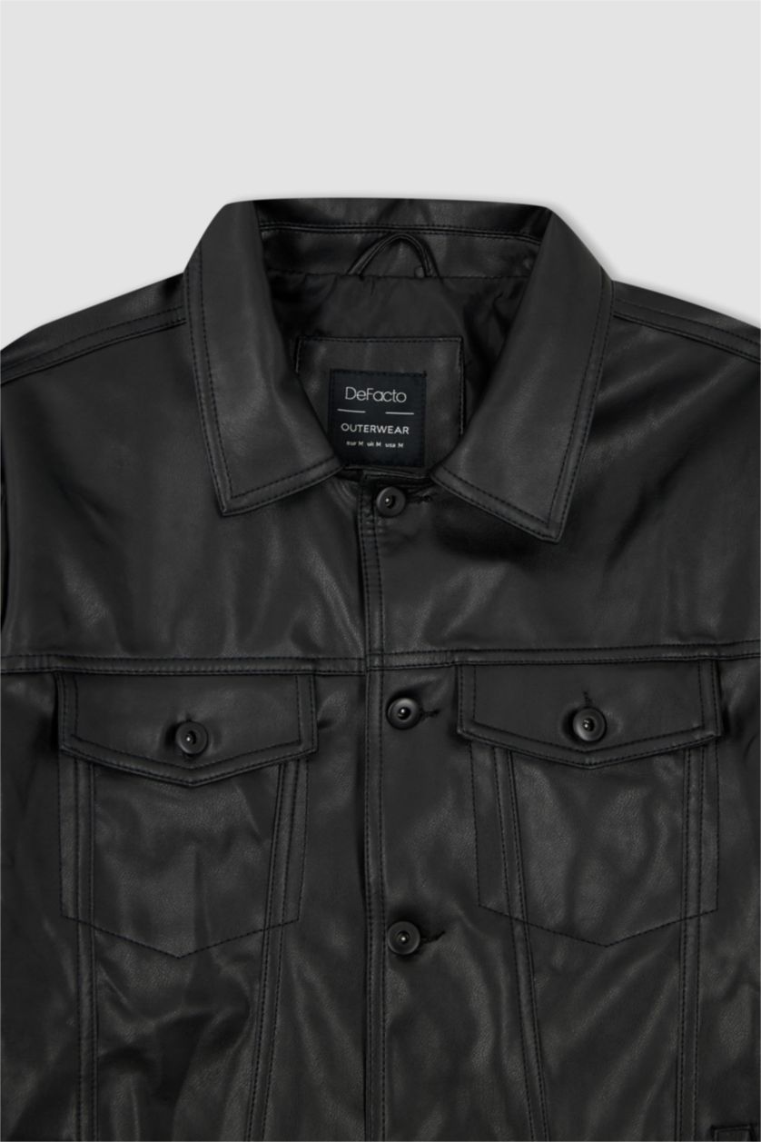 MAN Black Slim Fit Polo Neck Faux Leather Jacket