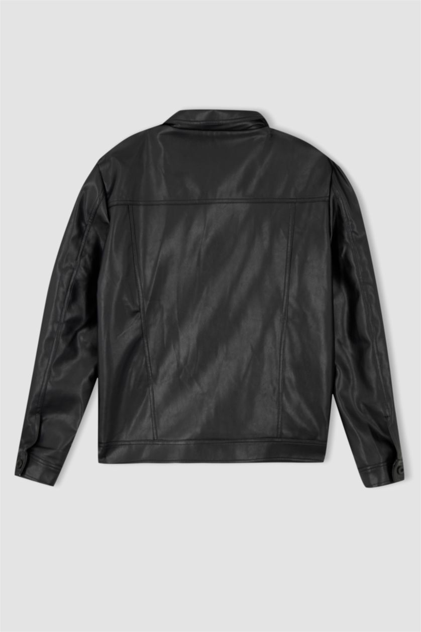 MAN Black Slim Fit Polo Neck Faux Leather Jacket