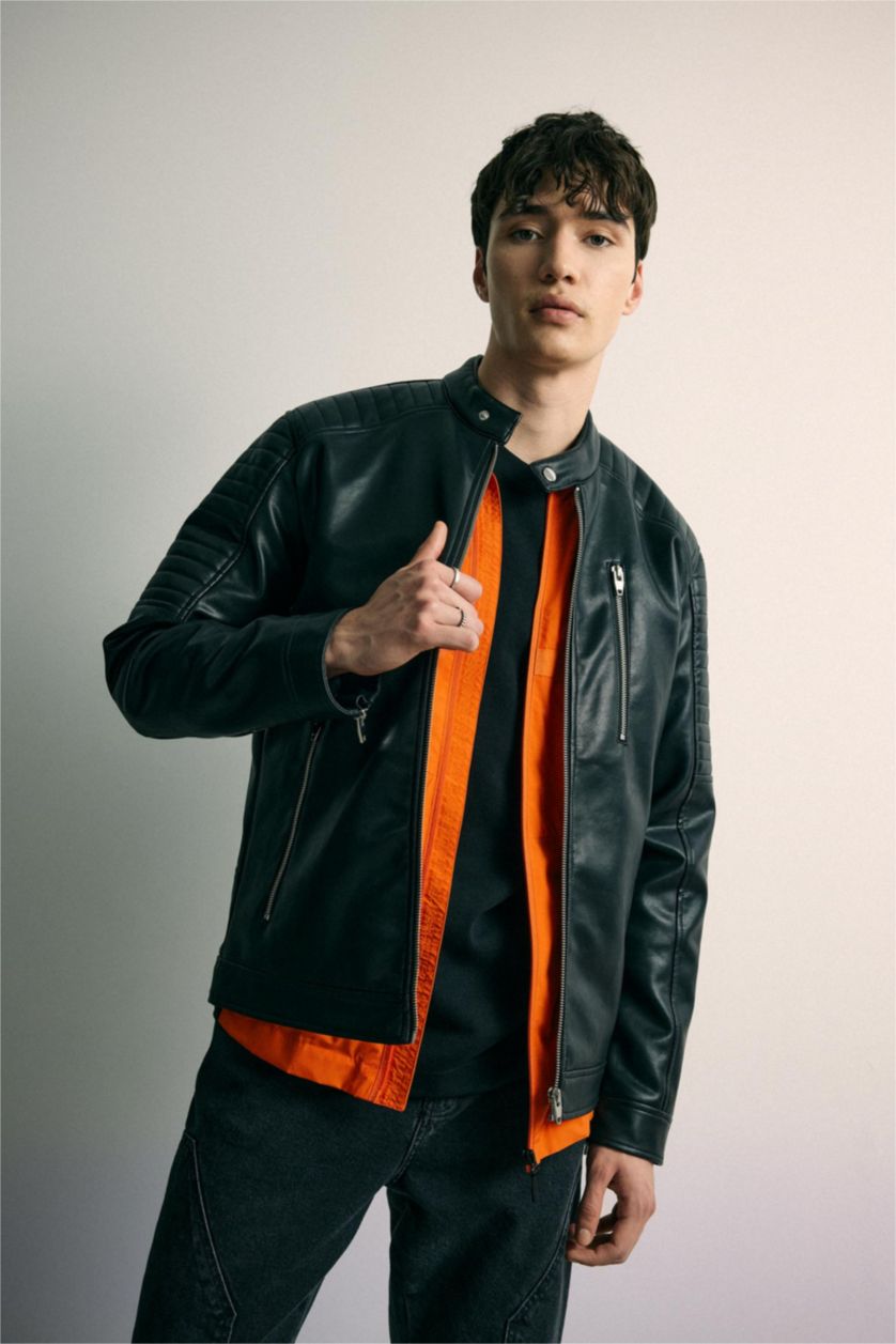 HOMME Noir Veste slim en simili cuir à col chemise avec poches