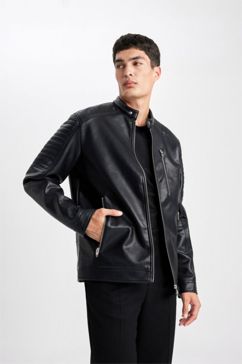 HOMME Noir Veste slim en simili cuir à col chemise avec poches