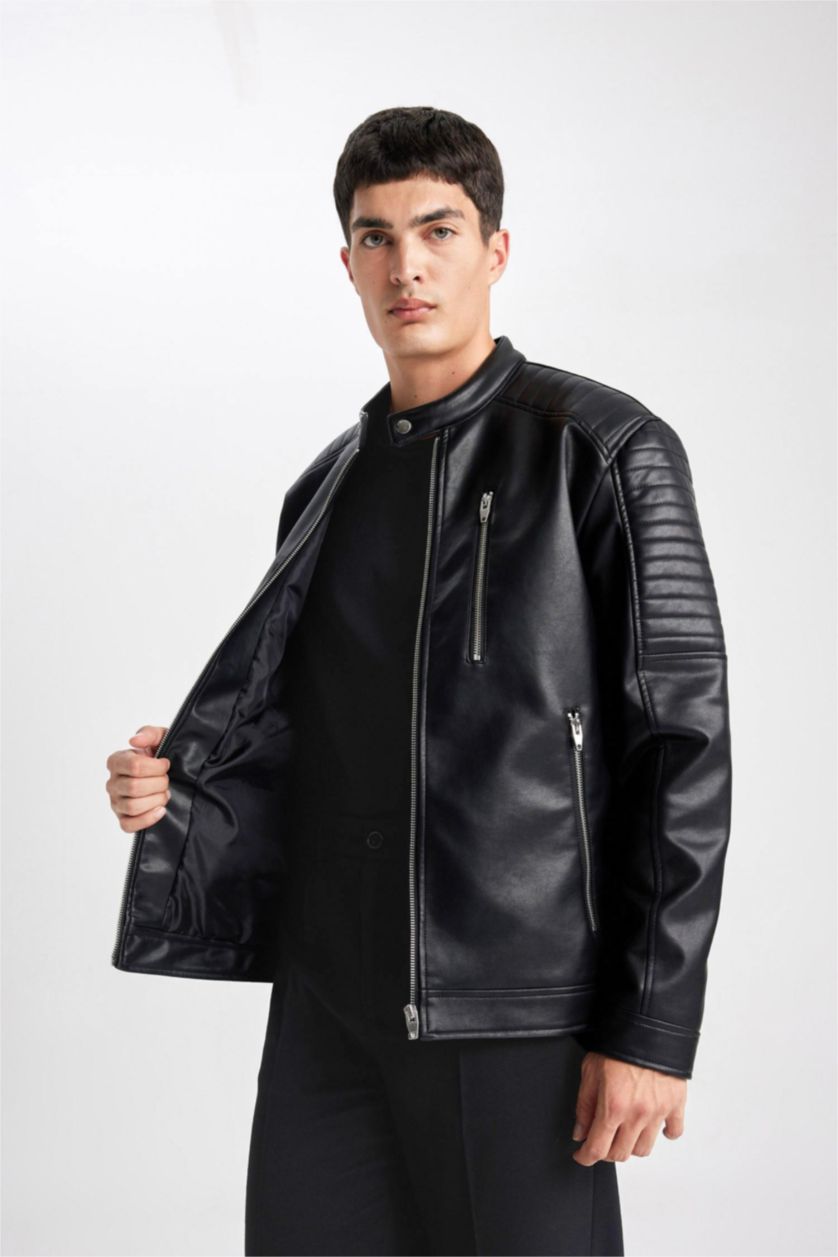 HOMME Noir Veste slim en simili cuir à col chemise avec poches