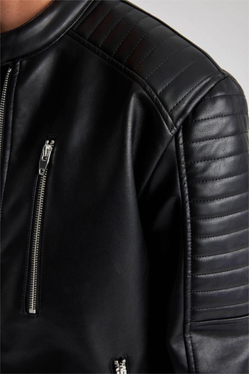 HOMME Noir Veste slim en simili cuir à col chemise avec poches