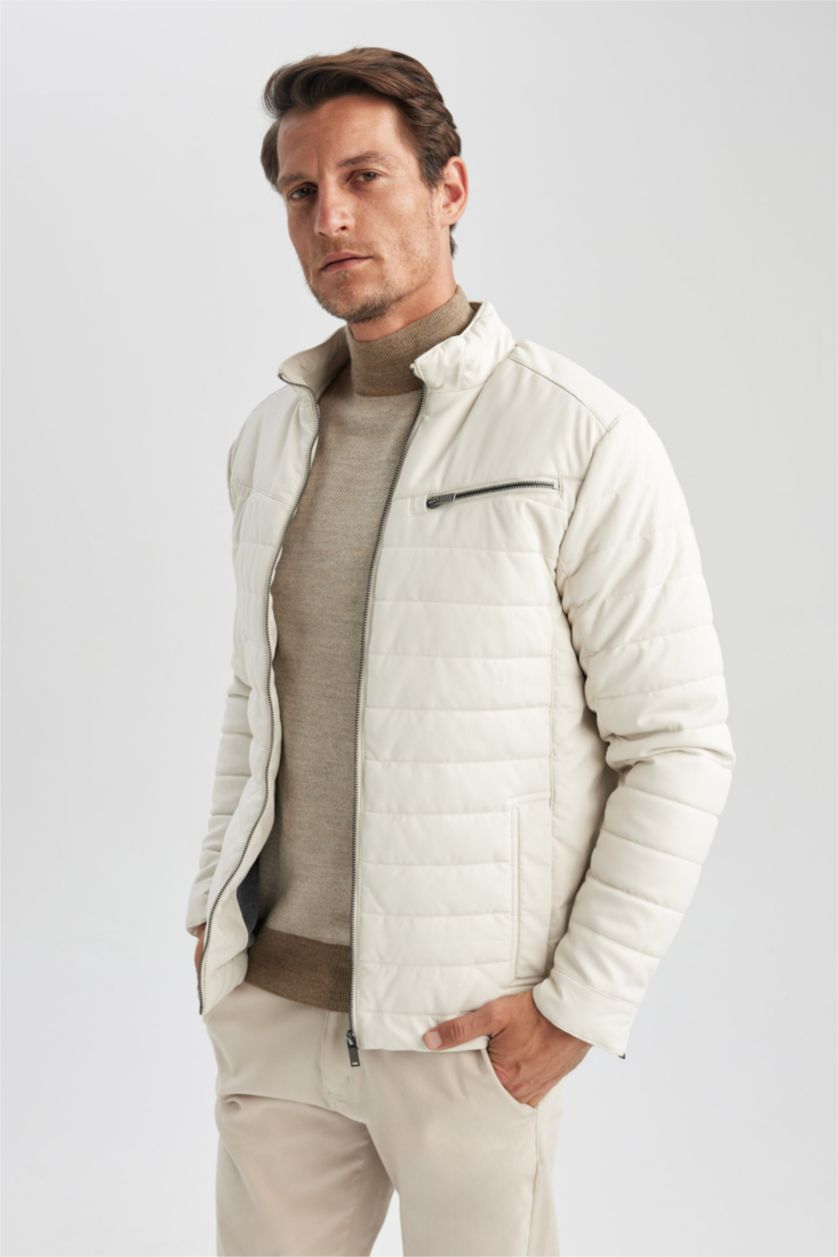 MAN Stone Slim Fit Stand Collar Faux Leather Jacket