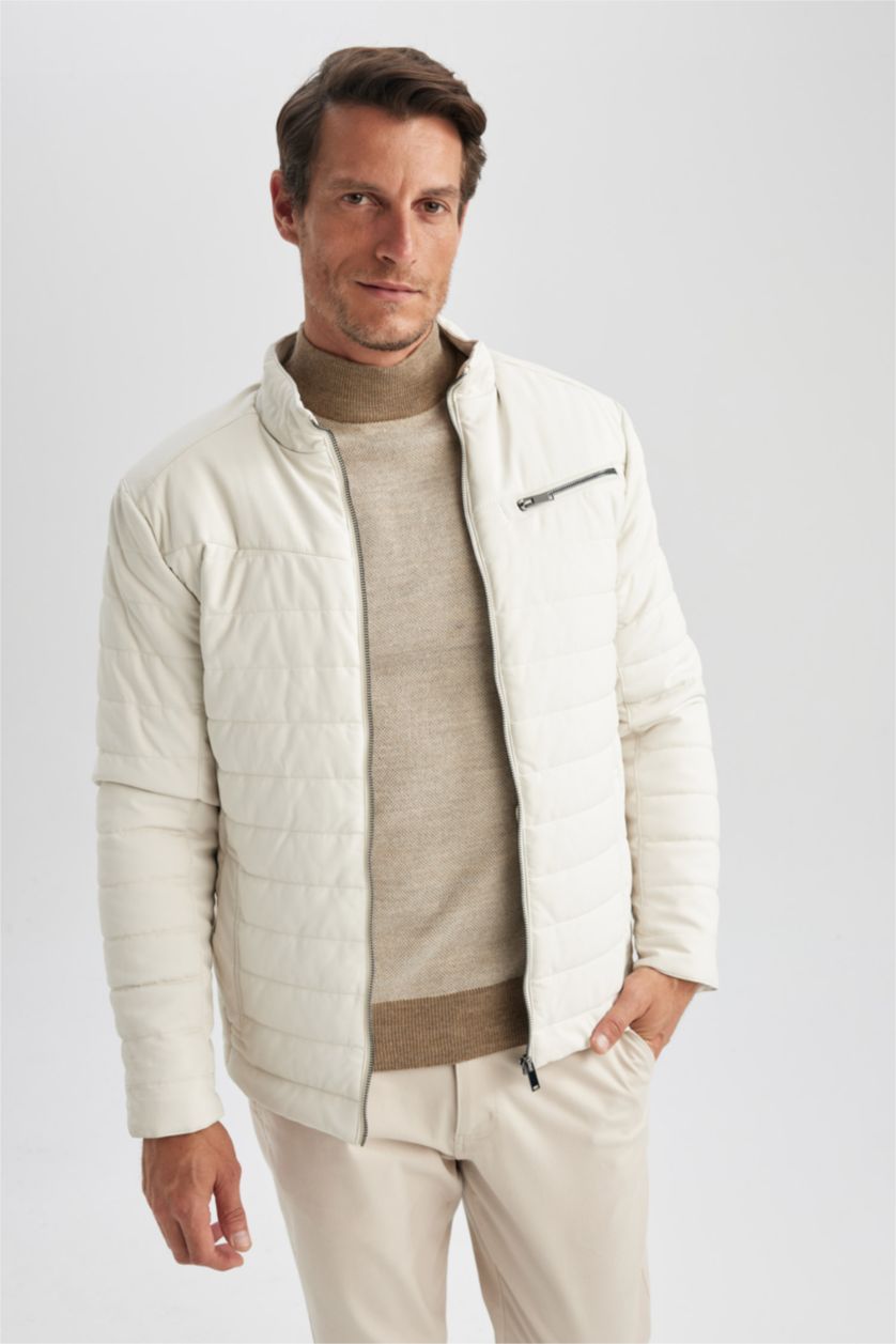 MAN Stone Slim Fit Stand Collar Faux Leather Jacket