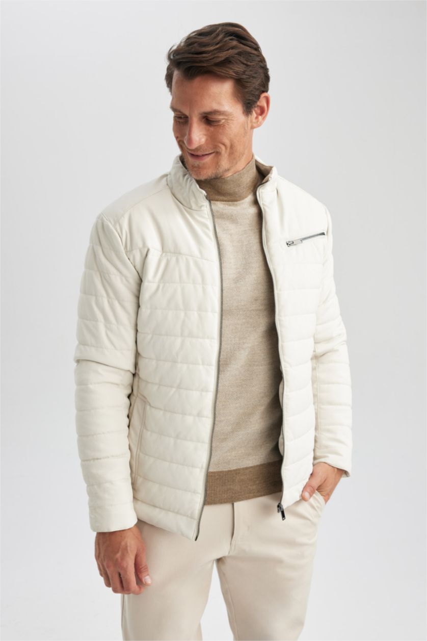 MAN Stone Slim Fit Stand Collar Faux Leather Jacket