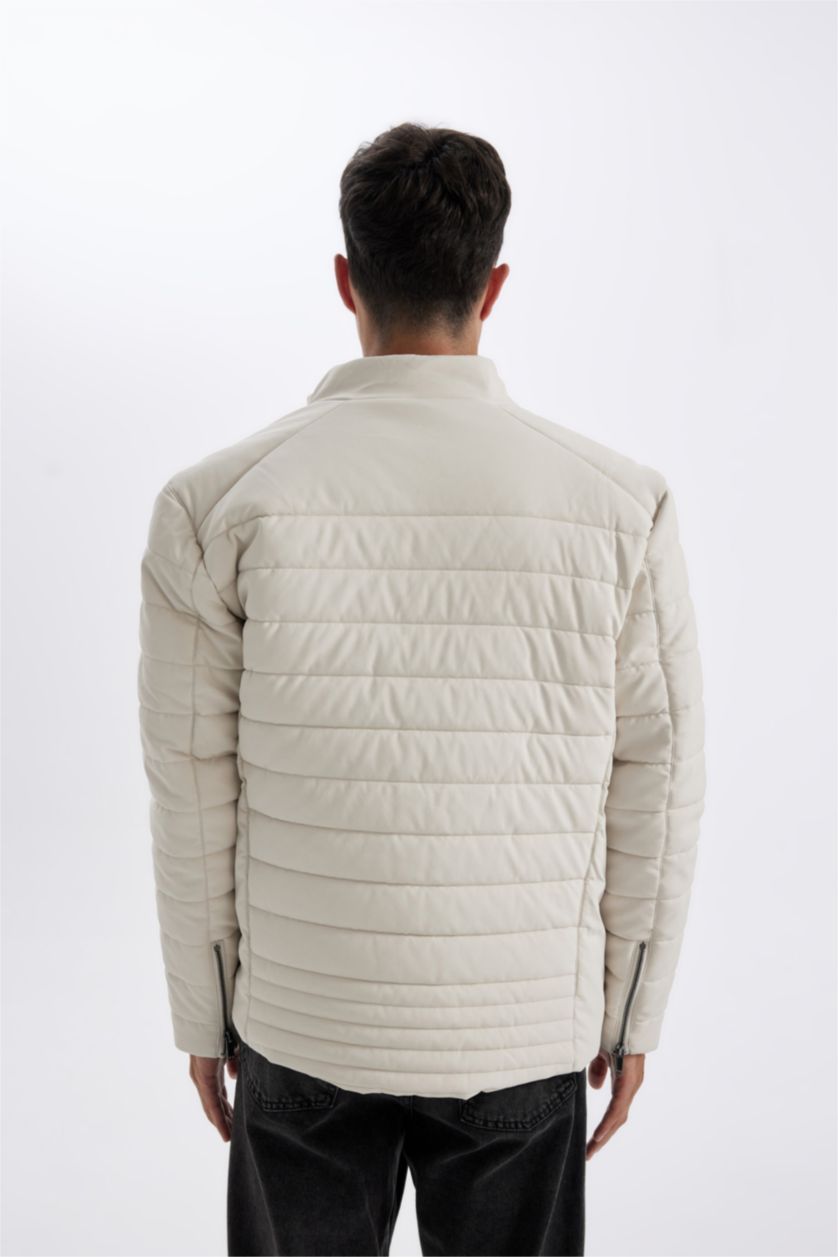 Erkek Taş Su İtici Slim Fit Dar Kesim Dik Yaka Fermuarlı İç Cepli Suni Deri Ceket Mont