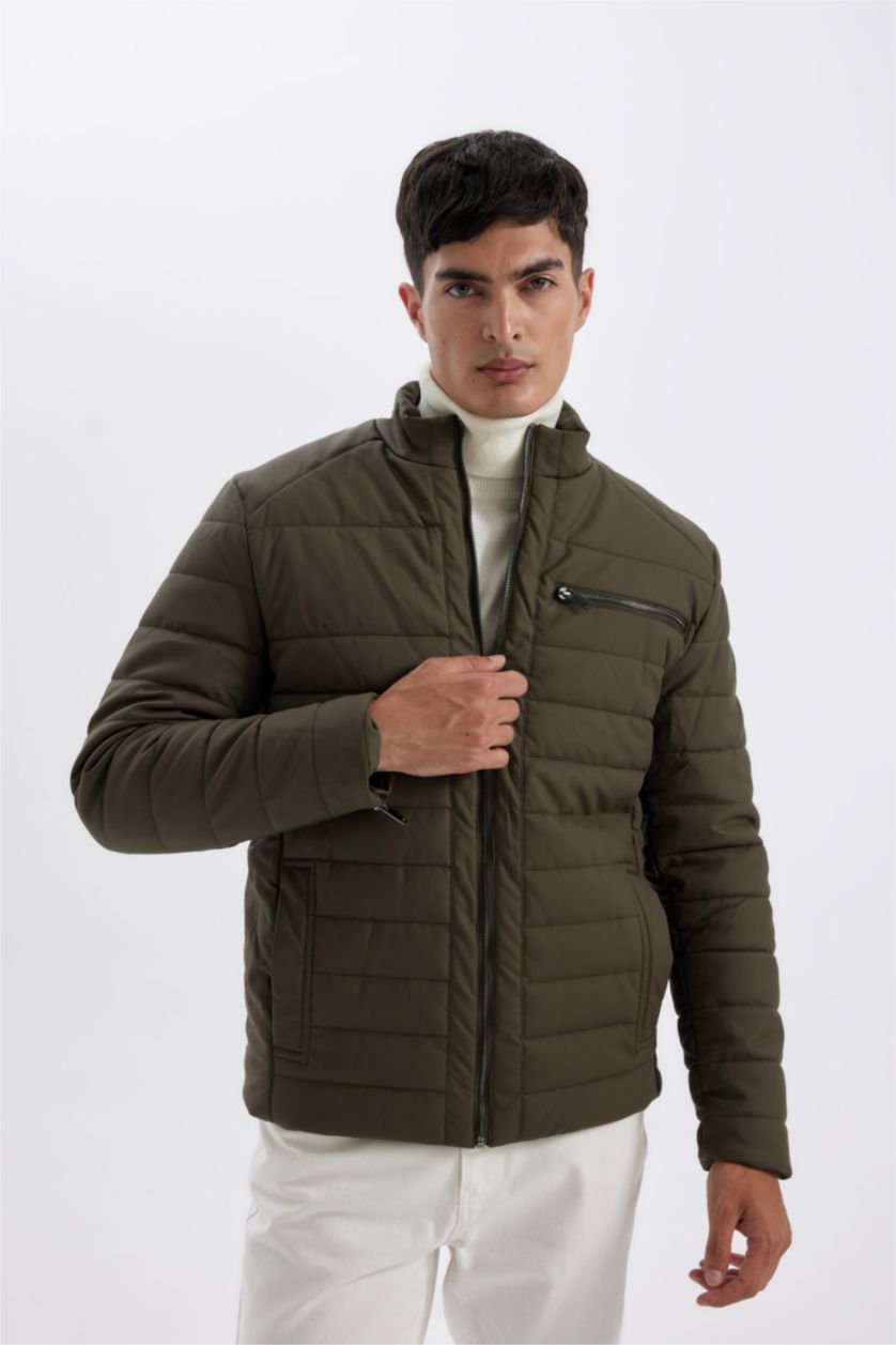 MAN Khaki Slim Fit Stand Collar Zip-Up Pocket Faux Leather Jacket