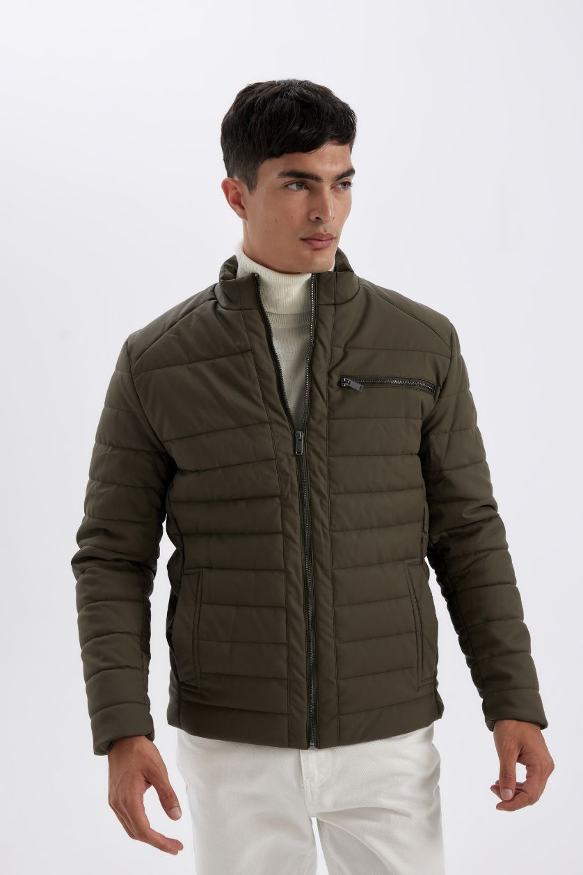 Erkek Haki Su İtici Slim Fit Dar Kesim Dik Yaka Fermuarlı İç Cepli Suni Deri Ceket Mont