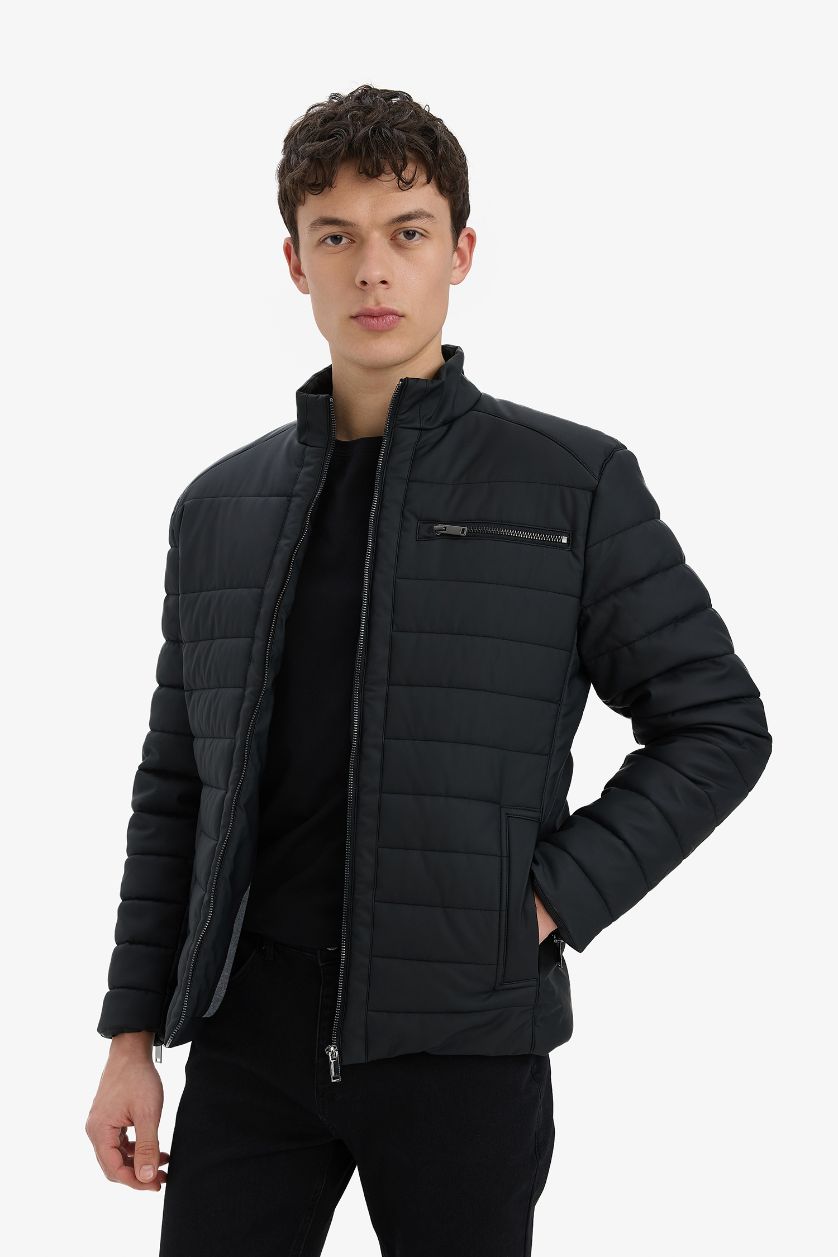 HOMME Noir Veste zippé à col montant avec doublure et poches Coupe slim