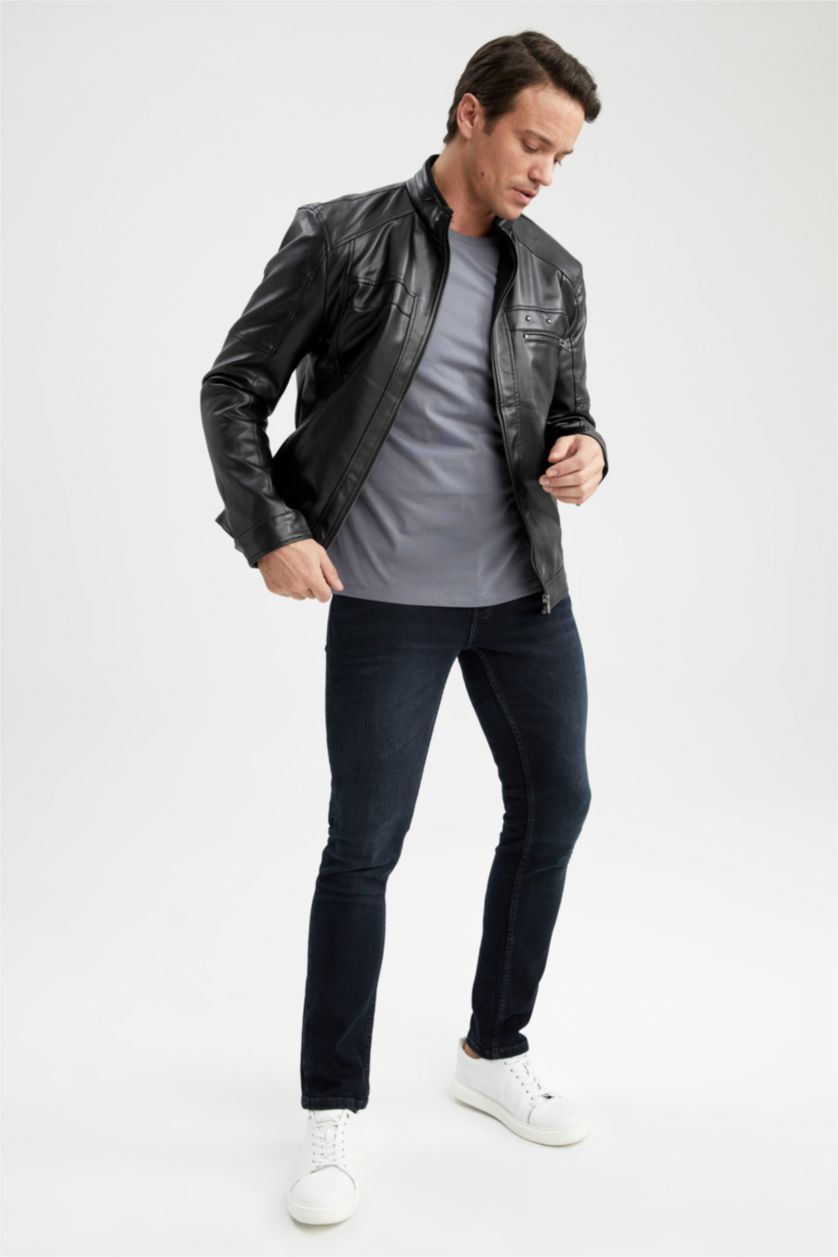 رجال أسود جاكيت جلد صناعي سليم فيت بياقة عالية طارد للماء