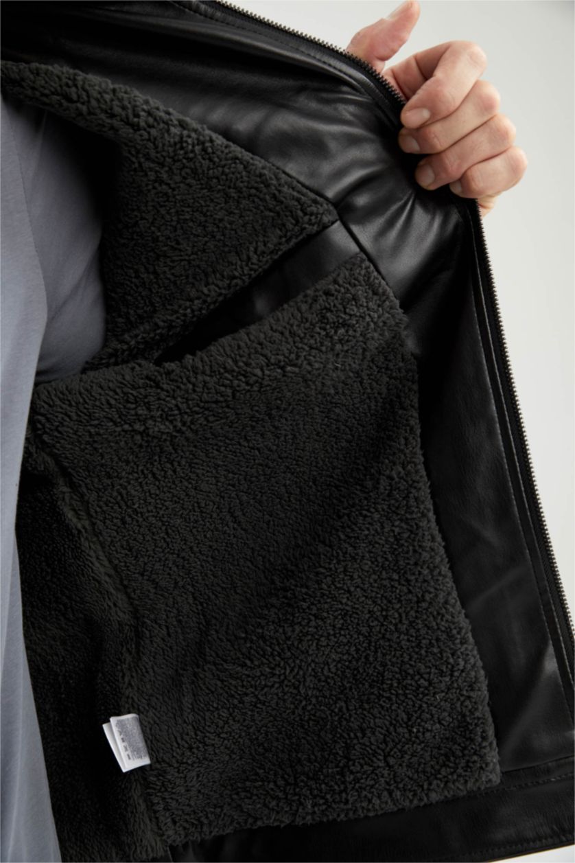 رجال أسود جاكيت جلد صناعي سليم فيت بياقة عالية طارد للماء