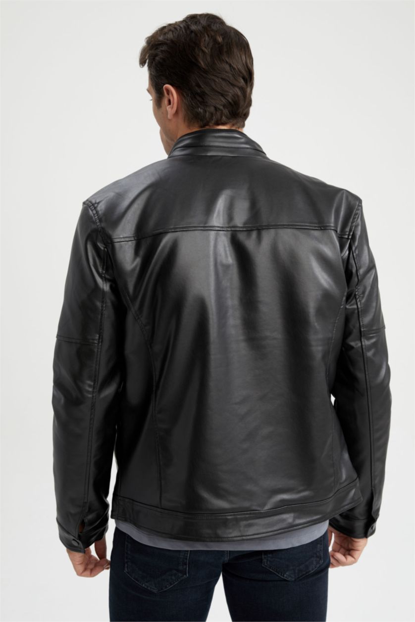 رجال أسود جاكيت جلد صناعي سليم فيت بياقة عالية طارد للماء