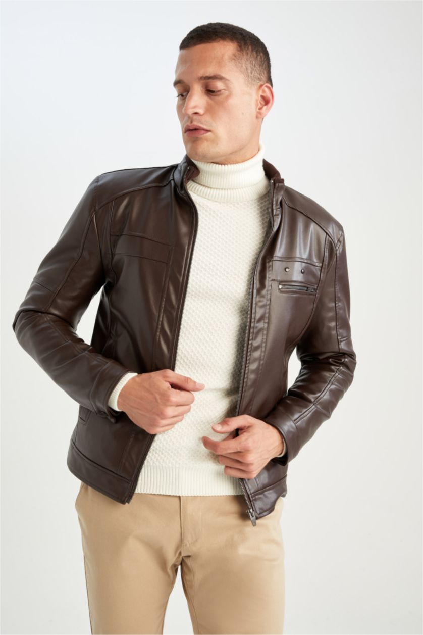 MAN Brown Slim Fit Half Turtleneck Faux Leather Jacket