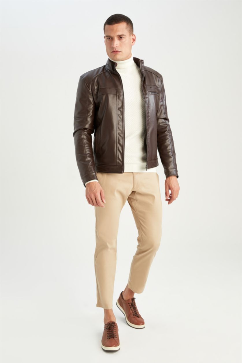 MAN Brown Slim Fit Half Turtleneck Faux Leather Jacket