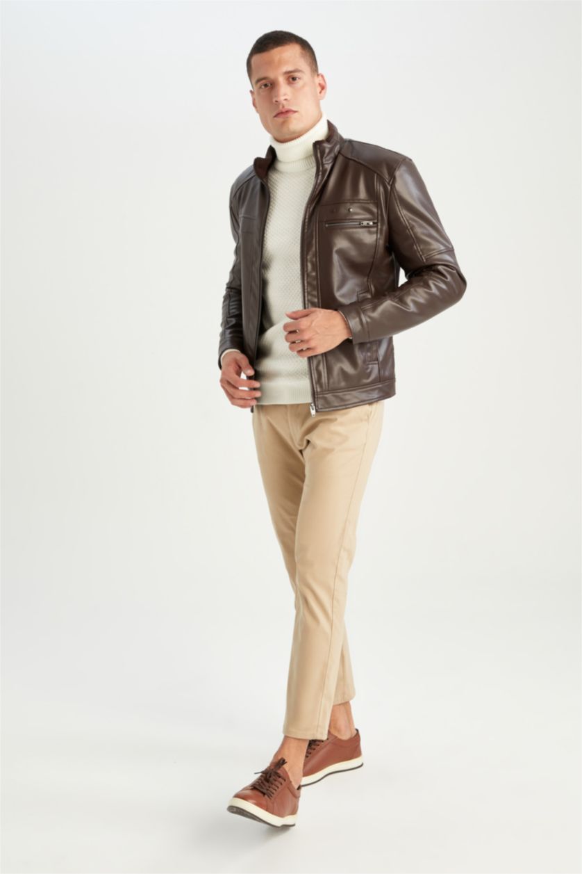 MAN Brown Slim Fit Half Turtleneck Faux Leather Jacket