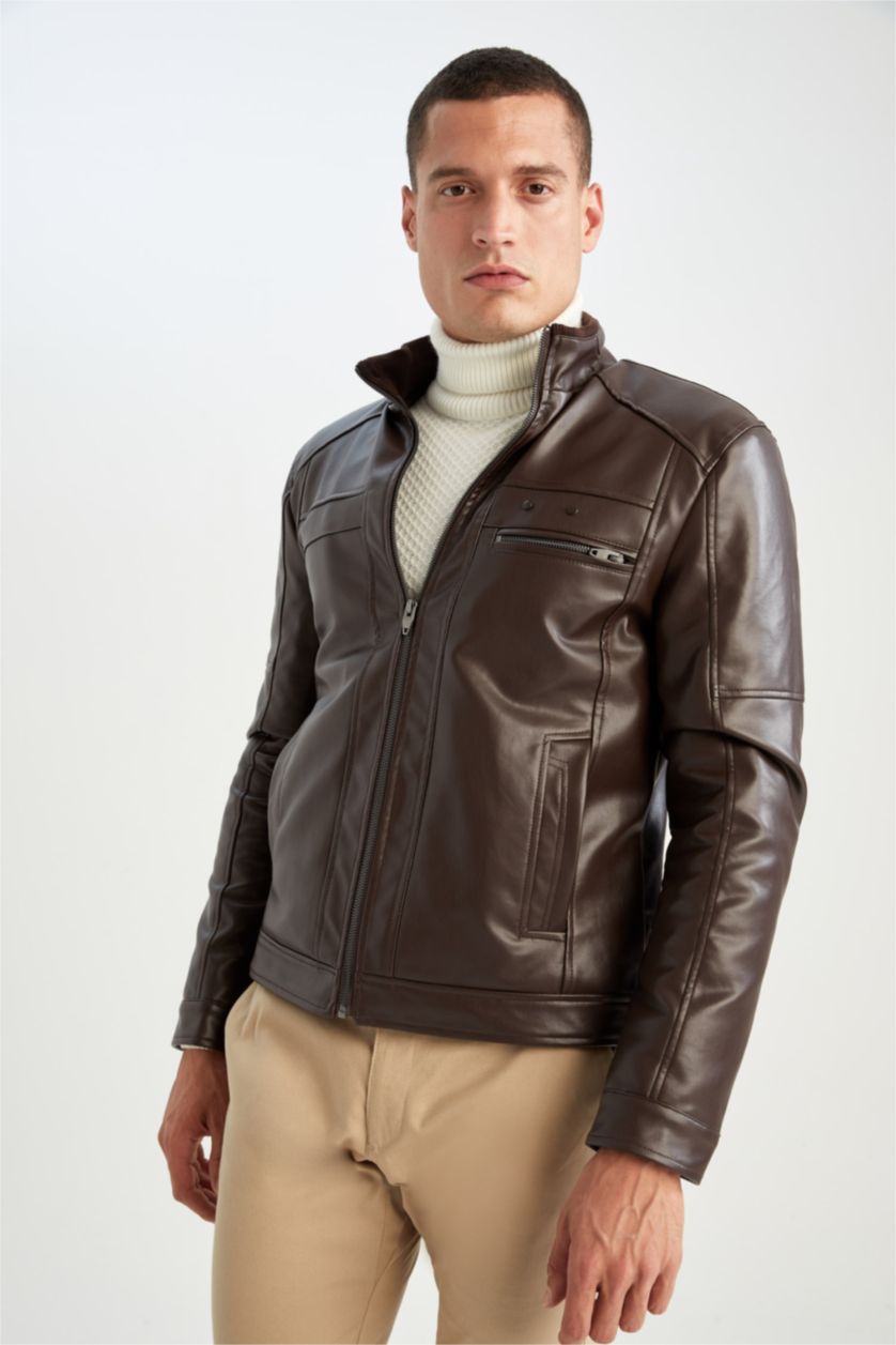 MAN Brown Slim Fit Half Turtleneck Faux Leather Jacket