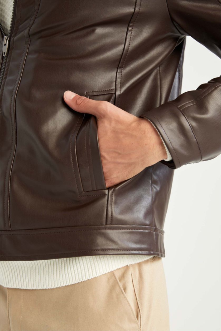MAN Brown Slim Fit Half Turtleneck Faux Leather Jacket