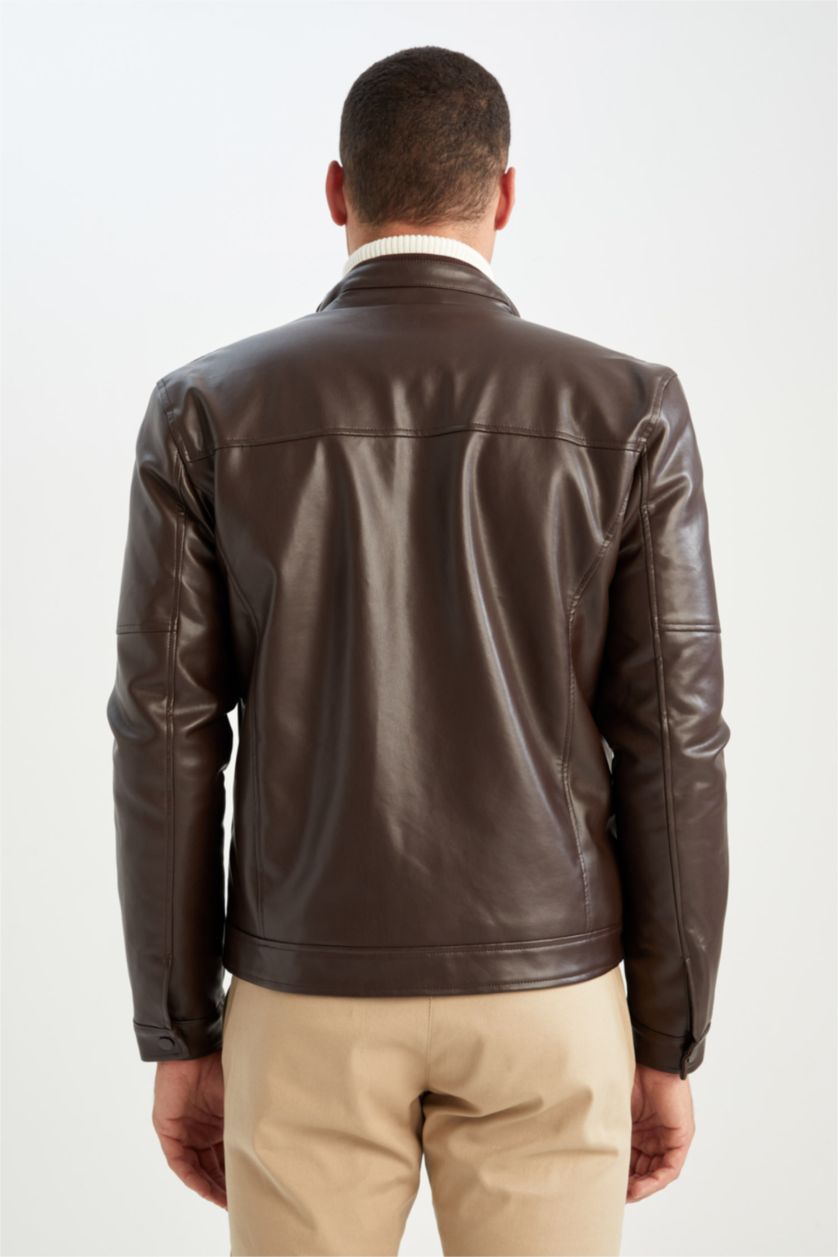 MAN Brown Slim Fit Half Turtleneck Faux Leather Jacket