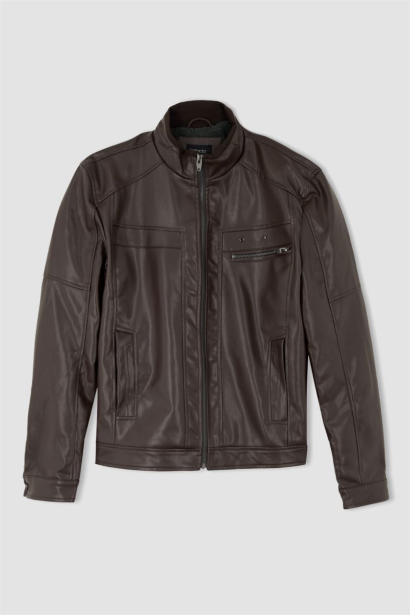 MAN Brown Slim Fit Half Turtleneck Faux Leather Jacket