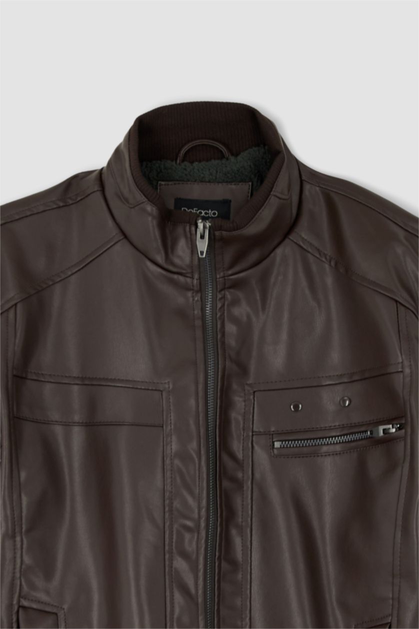 MAN Brown Slim Fit Half Turtleneck Faux Leather Jacket