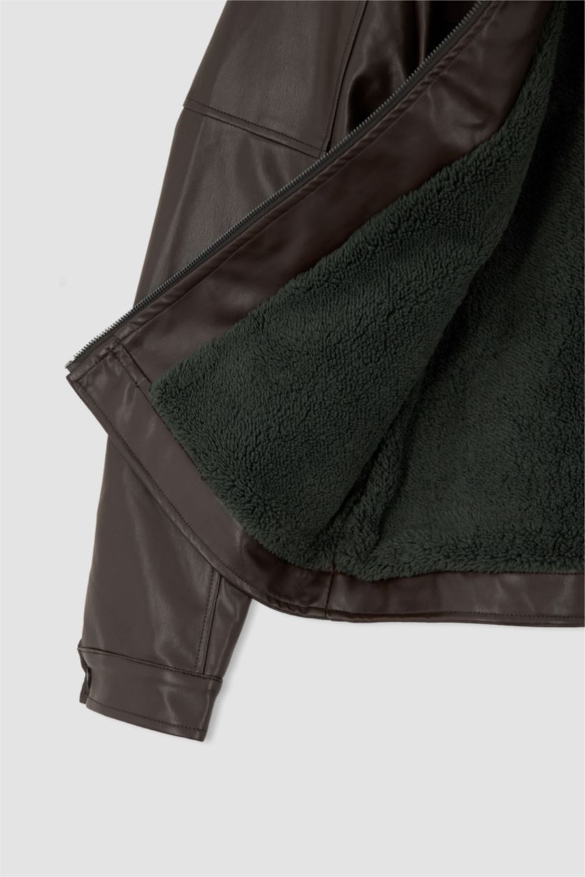 MAN Brown Slim Fit Half Turtleneck Faux Leather Jacket