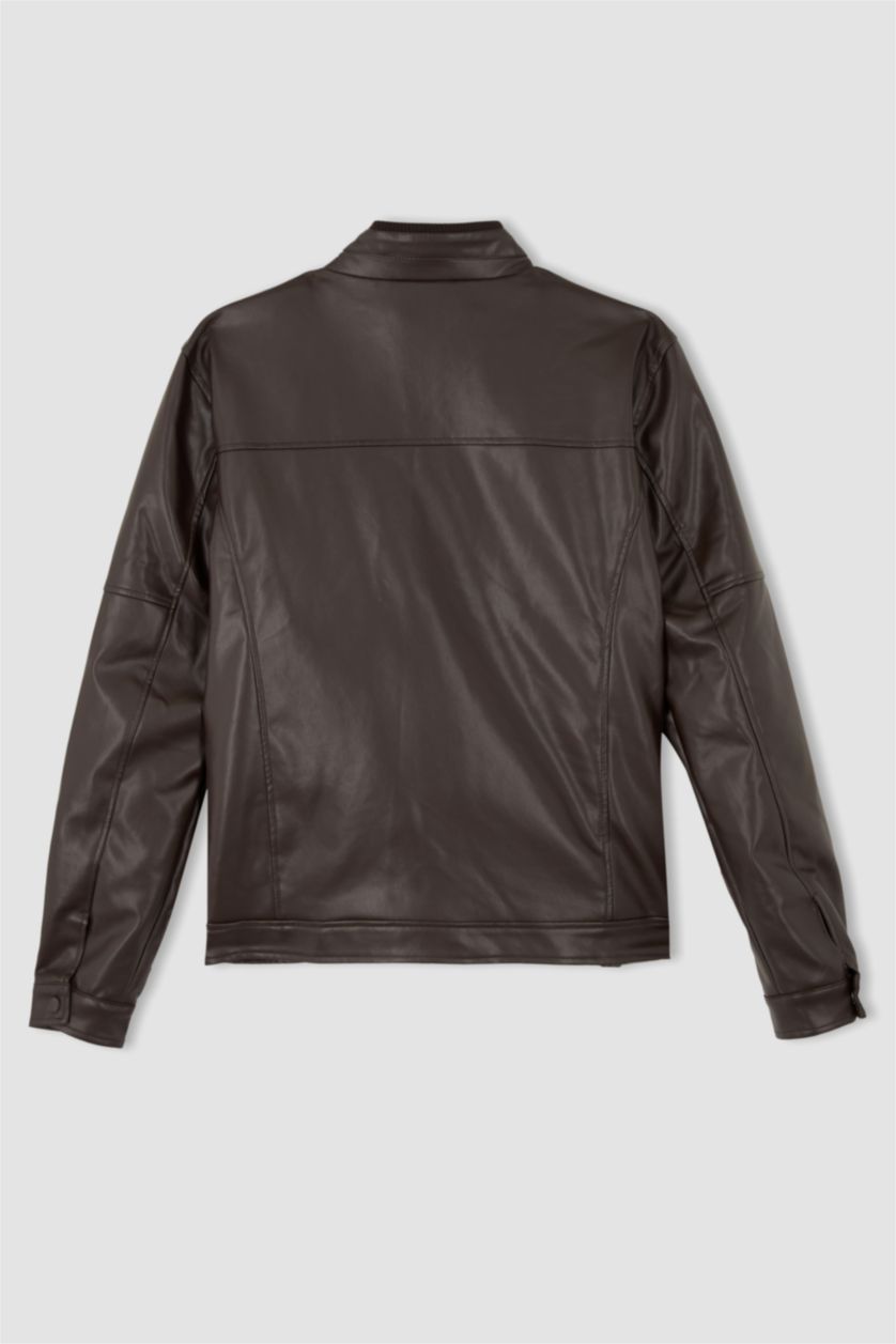 MAN Brown Slim Fit Half Turtleneck Faux Leather Jacket