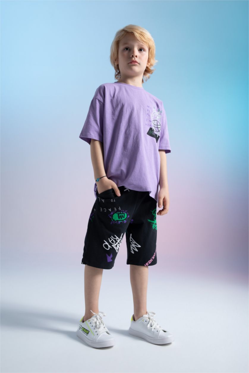 Erkek Çocuk - Genç Erkek Mor Erkek Çocuk Oversize Fit Sırt Baskılı Kısa Kollu Pamuklu Penye Tişört