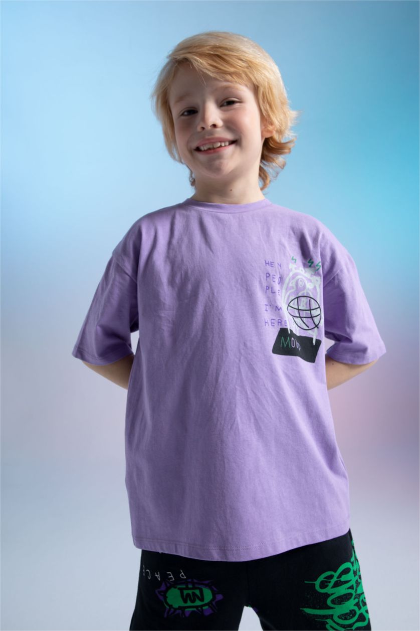 Erkek Çocuk - Genç Erkek Mor Erkek Çocuk Oversize Fit Sırt Baskılı Kısa Kollu Pamuklu Penye Tişört