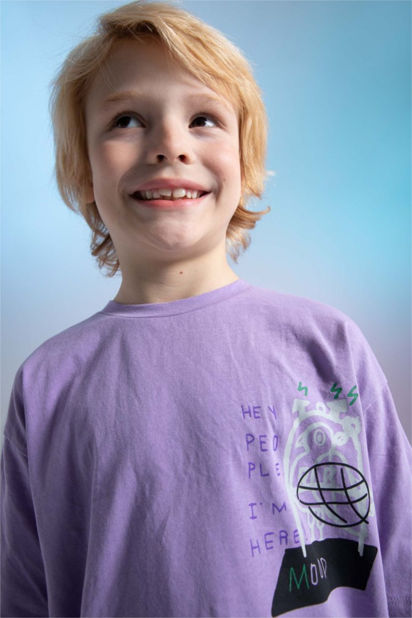 Erkek Çocuk - Genç Erkek Mor Erkek Çocuk Oversize Fit Sırt Baskılı Kısa Kollu Pamuklu Penye Tişört