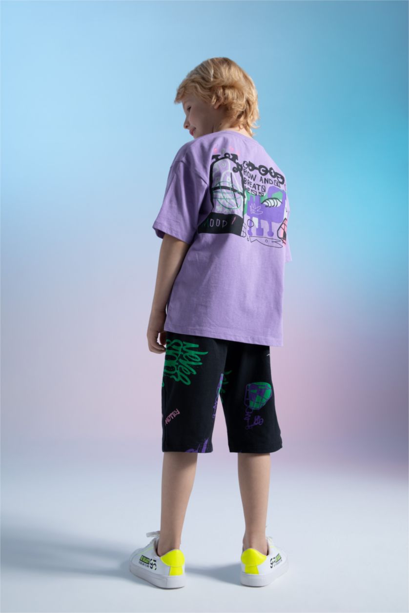 Erkek Çocuk - Genç Erkek Mor Erkek Çocuk Oversize Fit Sırt Baskılı Kısa Kollu Pamuklu Penye Tişört